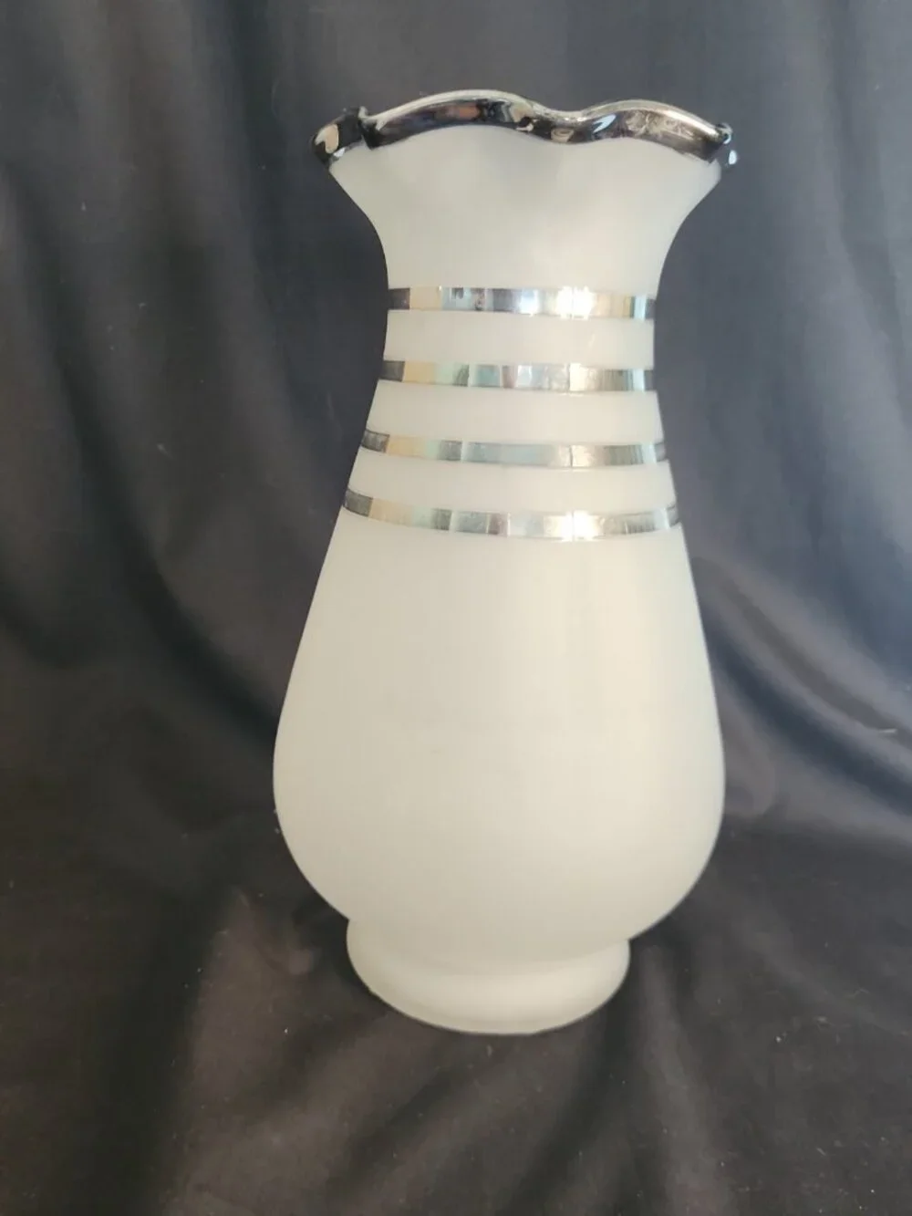 Vintage Art Deco White Frosted Glass Vase Silver Stripes/Bands & Ruffled Rim